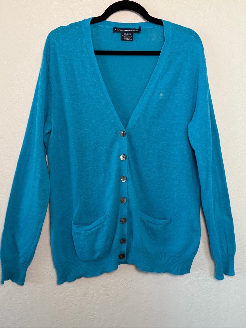 Ralph Lauren Sport Teal V-Neck Button Cardigan Cotton Linen XL Pony Logo Preppy
